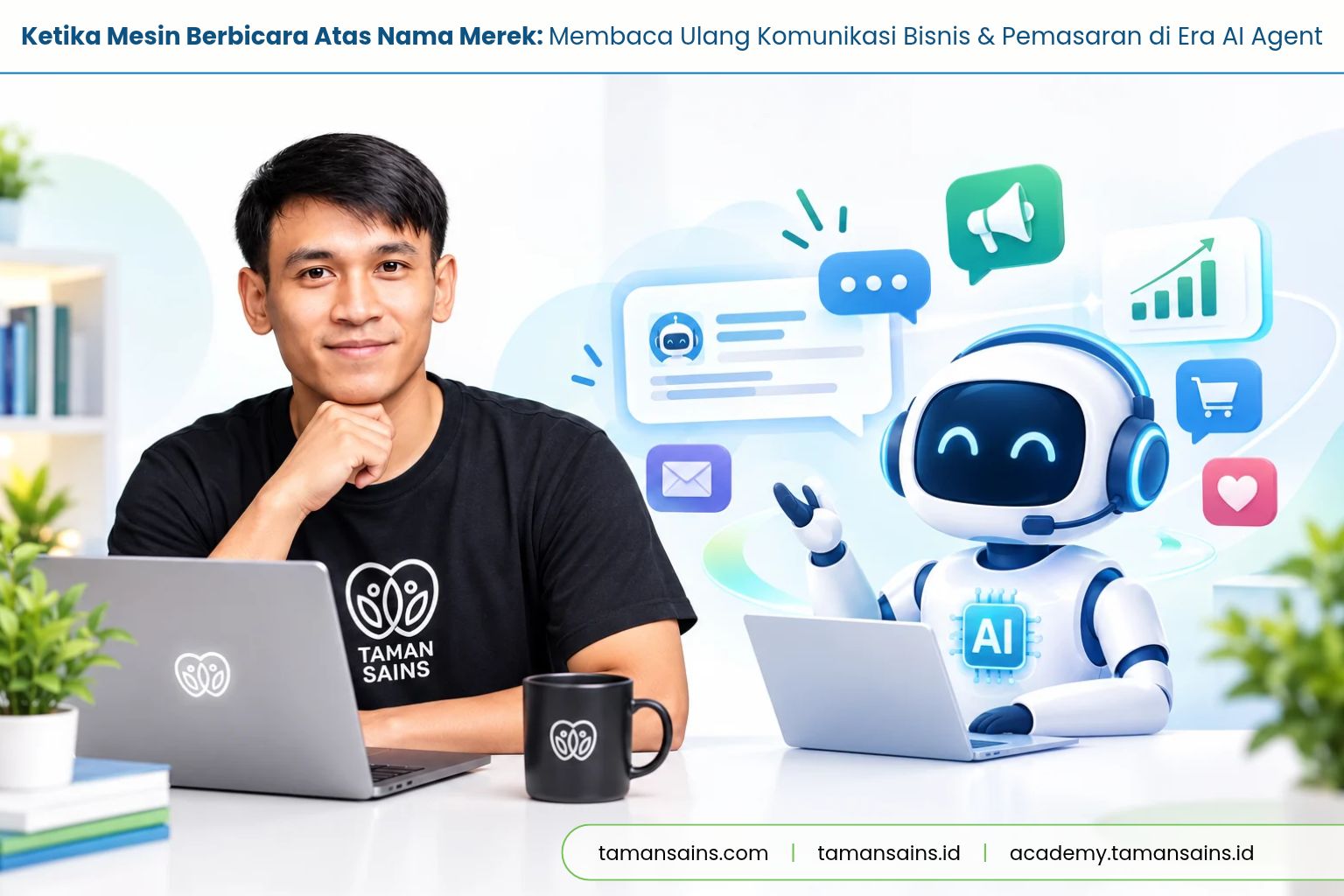 Analisis kritis komunikasi bisnis dan pemasaran di era AI agent: efisiensi vs kepercayaan, teori relasional, privasi, dan konteks Indonesia.